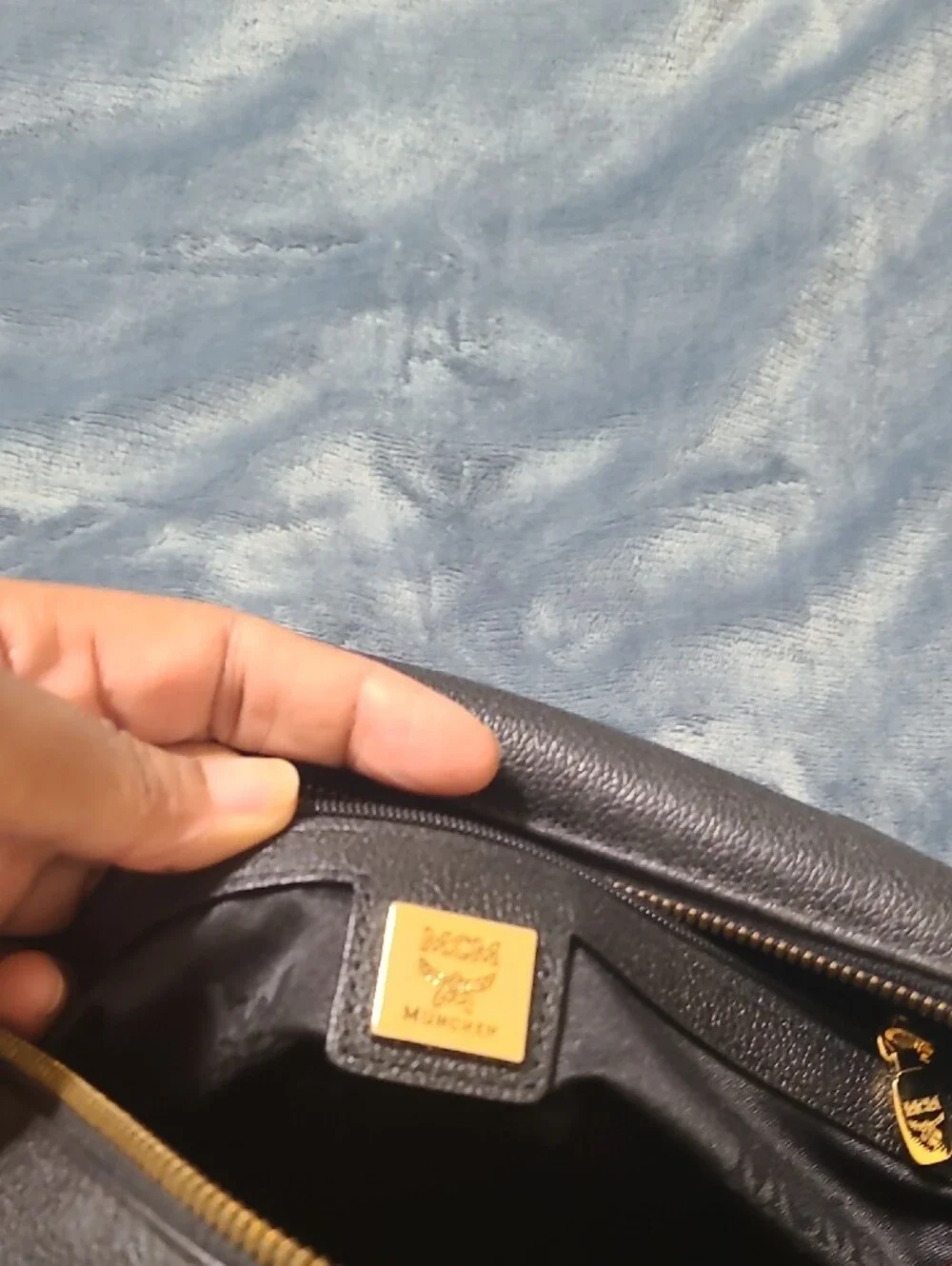 MCM Black Leather Bag with Gold Logo Plate